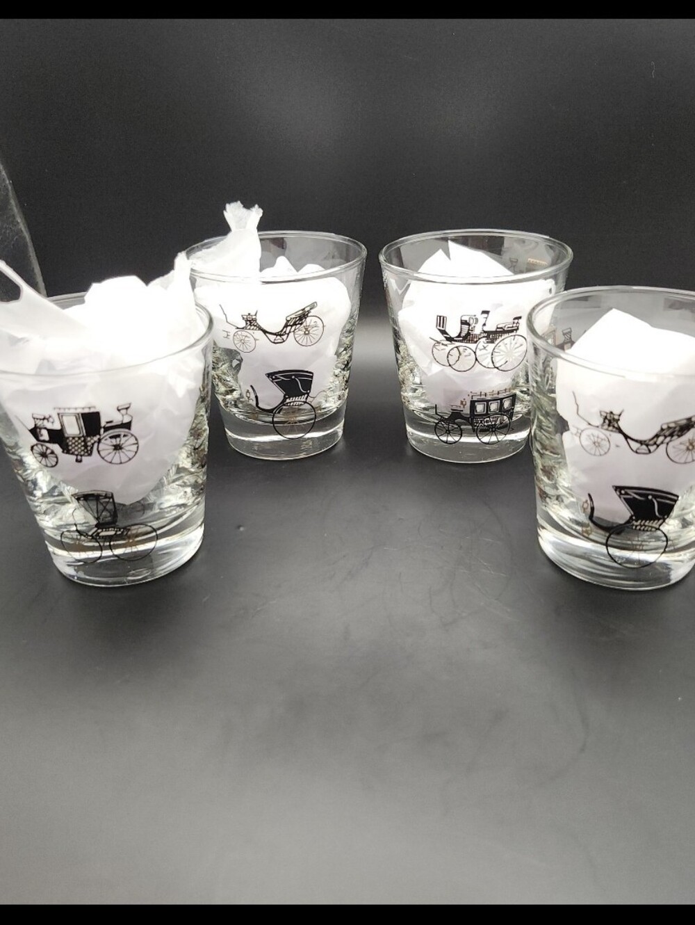 Vintage Libbey Horseless Carriage Whiskey Tumbler Set 4 Low Ball Barware Glasses
